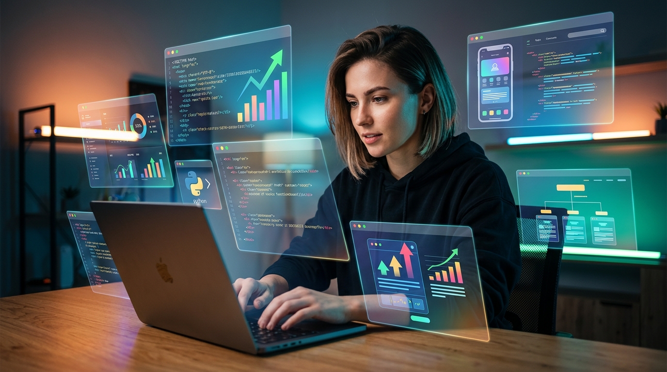No la líes: Optimización SEO en Desarrollo para Apps y Webs que Molan Un desarrollador optimizando el código para mejorar la visibilidad SEO de una aplicación móvil y una página web, con gráficos de rendimiento y elementos de código en pantalla.