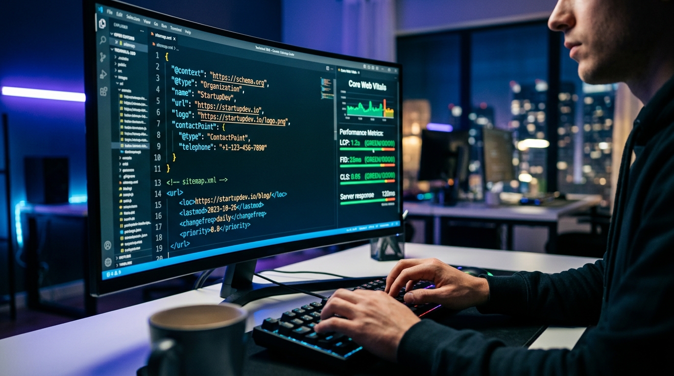 SEO Técnico desde el Código: La Base de Tu Éxito Online para Startups y Devs Desarrollador programando código limpio para SEO técnico en la web
