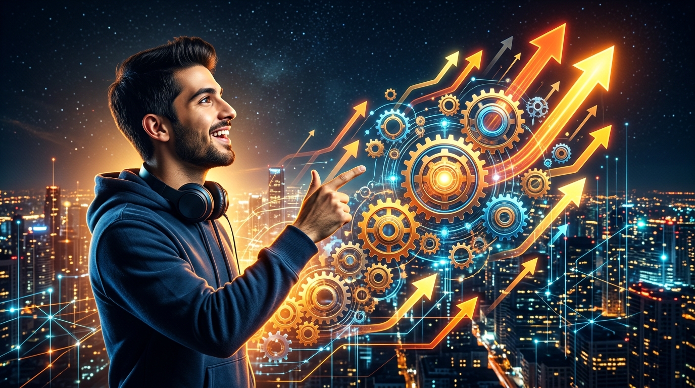 SEO Técnico para Crecer: La Guía Esencial para Fundadores y Desarrolladores Gráfico abstracto mostrando engranajes y flechas ascendentes, simbolizando la interconexión del SEO técnico y el crecimiento digital para startups y estudios de desarrollo.