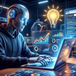 Un robot programando código en un ordenador con gráficos de SEO y una bombilla de idea encima, simbolizando la optimización técnica para startups y estudios