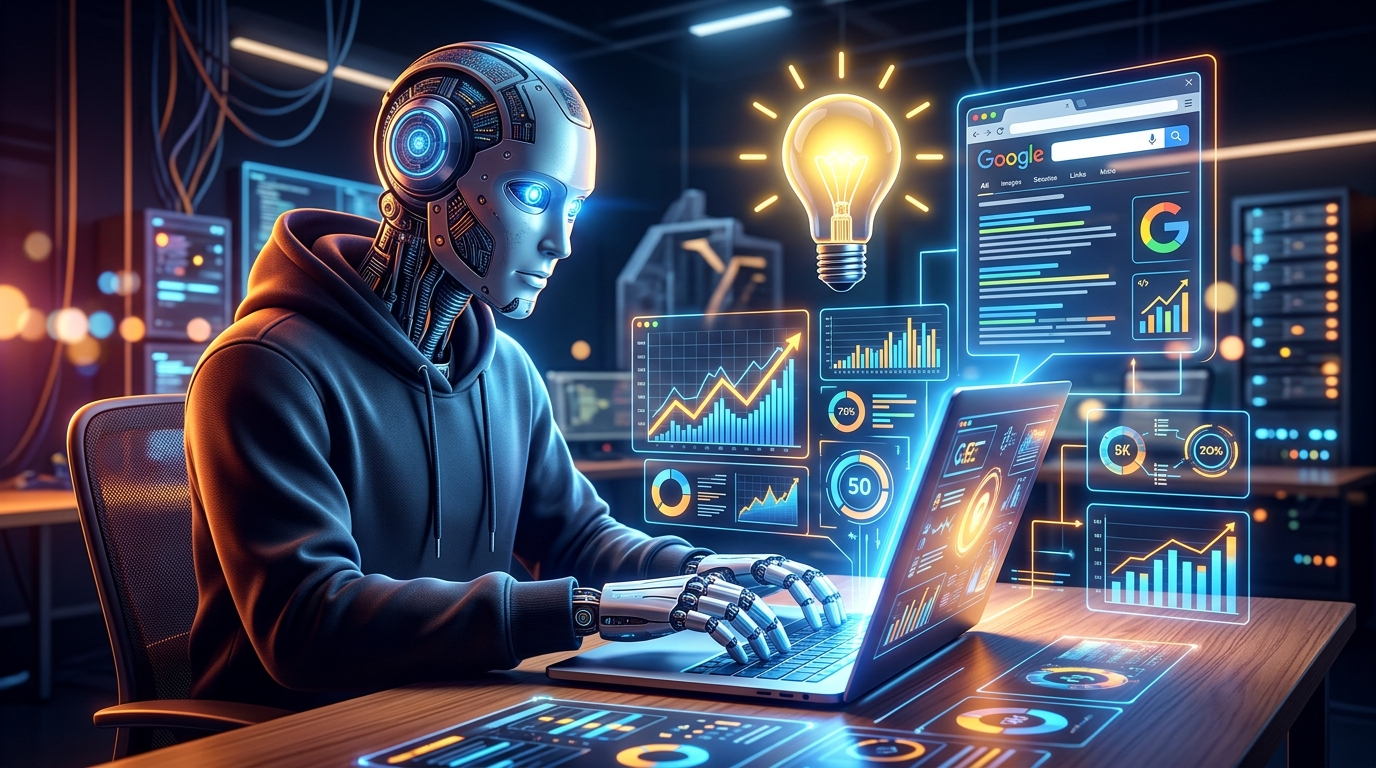 SEO Técnico para Startups y Estudios: La Guía Definitiva para Dominar Google Un robot programando código en un ordenador con gráficos de SEO y una bombilla de idea encima, simbolizando la optimización técnica para startups y estudios