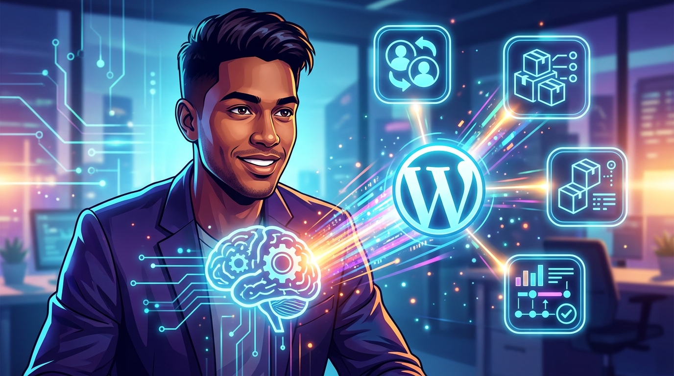 WordPress como Plataforma de Gestión: Paneles a Medida y Headless para PYMES Gráfico que representa un cerebro con engranajes conectado a un logo de WordPress y flechas de datos, simbolizando la transformación de WordPress en una plataforma de gestión inteligente y a medida para PYMES.