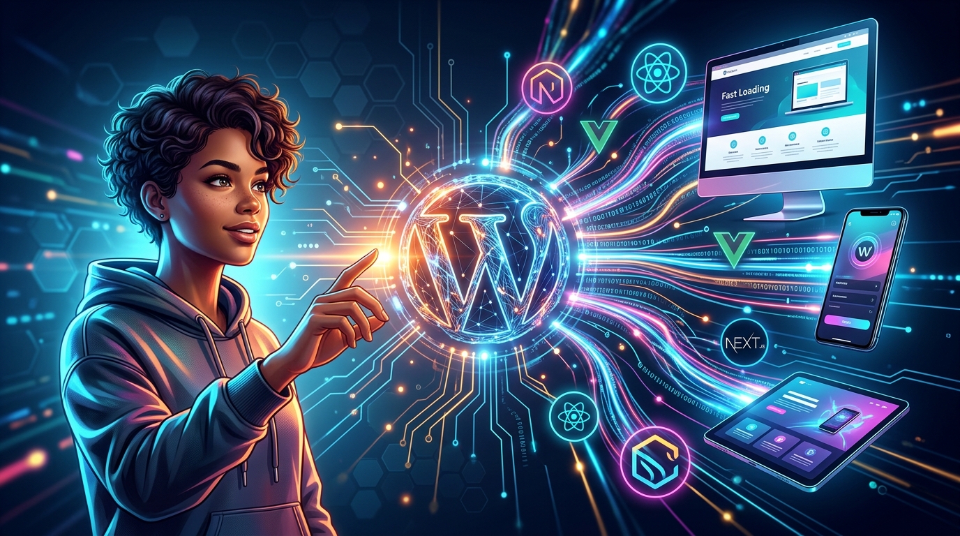 WordPress Headless: La Guía Definitiva para Desacoplar tu Contenido y Escalar sin Límites Representación visual de un cerebro de WordPress conectado a múltiples dispositivos como un ordenador, un móvil y una tablet, simbolizando la arquitectura Headless