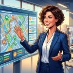 Gerente de PYME sonriendo mientras revisa un panel de control digital para la gestión de rutas y tareas, con un mapa optimizado en pantalla y equipos de campo trabajando eficientemente.