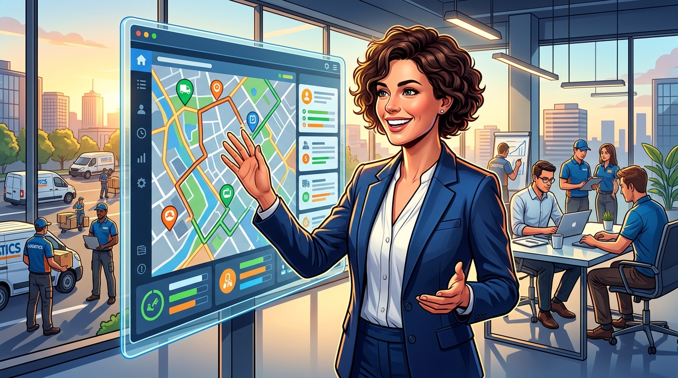 Adiós al caos: ¿Cómo automatizar la gestión de rutas y tareas en tu PYME? Gerente de PYME sonriendo mientras revisa un panel de control digital para la gestión de rutas y tareas, con un mapa optimizado en pantalla y equipos de campo trabajando eficientemente.