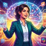 Ilustración de un cerebro de IA con conexiones a diferentes iconos de aplicaciones empresariales como CRM, ERP, Slack, simbolizando la integración y automatización de procesos.