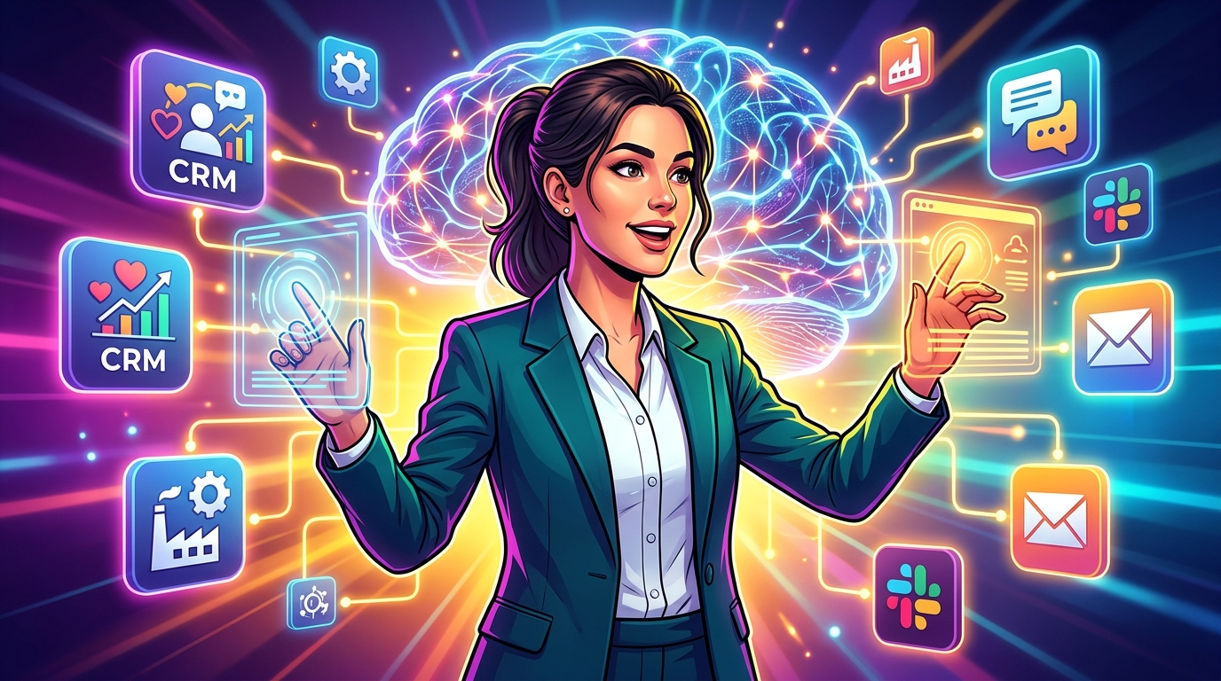 Agentes IA Conectados: Automatiza Procesos y Libera a tu Equipo Ilustración de un cerebro de IA con conexiones a diferentes iconos de aplicaciones empresariales como CRM, ERP, Slack, simbolizando la integración y automatización de procesos.