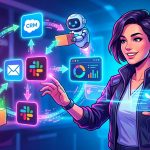Ilustración de varios robots o agentes digitales interconectando iconos de apps y herramientas empresariales como CRM, email y Slack, con flechas de automatización en un fondo limpio y tecnológico.