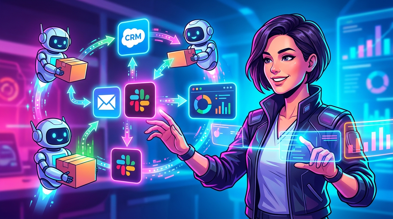 Agentes IA que Conectan tus Herramientas: Libera tu Equipo y Escala tu Negocio Ilustración de varios robots o agentes digitales interconectando iconos de apps y herramientas empresariales como CRM, email y Slack, con flechas de automatización en un fondo limpio y tecnológico.
