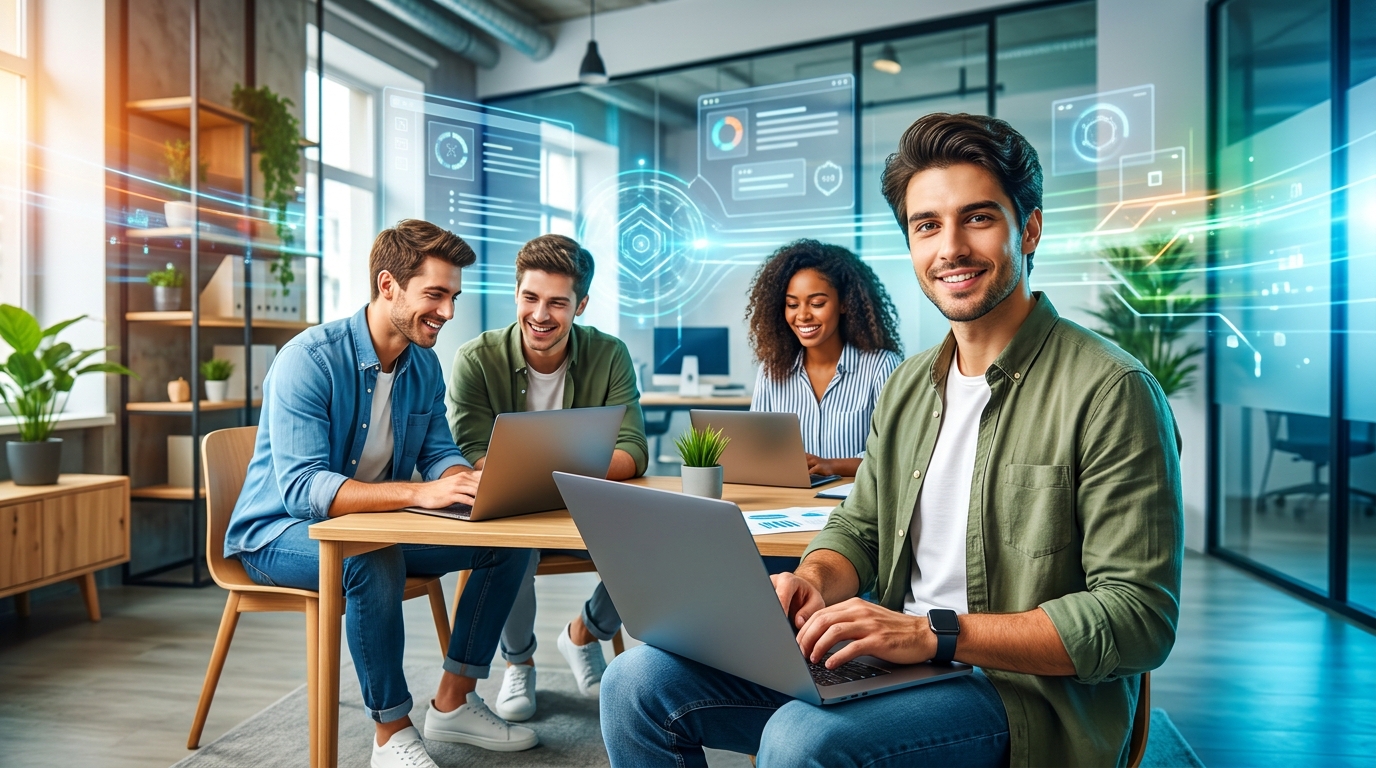 Automatizar Procesos PYME: Soluciones a Medida para Equipos Pequeños Equipo pequeño de PYME trabajando de forma eficiente gracias a la automatización de procesos con software a medida.