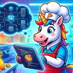 Unicornio pizzero programando una app con IA y recibiendo una subvención del Kit Digital
