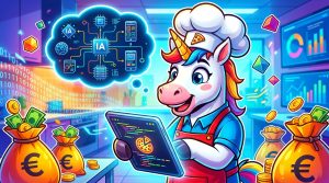 Unicornio pizzero programando una app con IA y recibiendo una subvención del Kit Digital