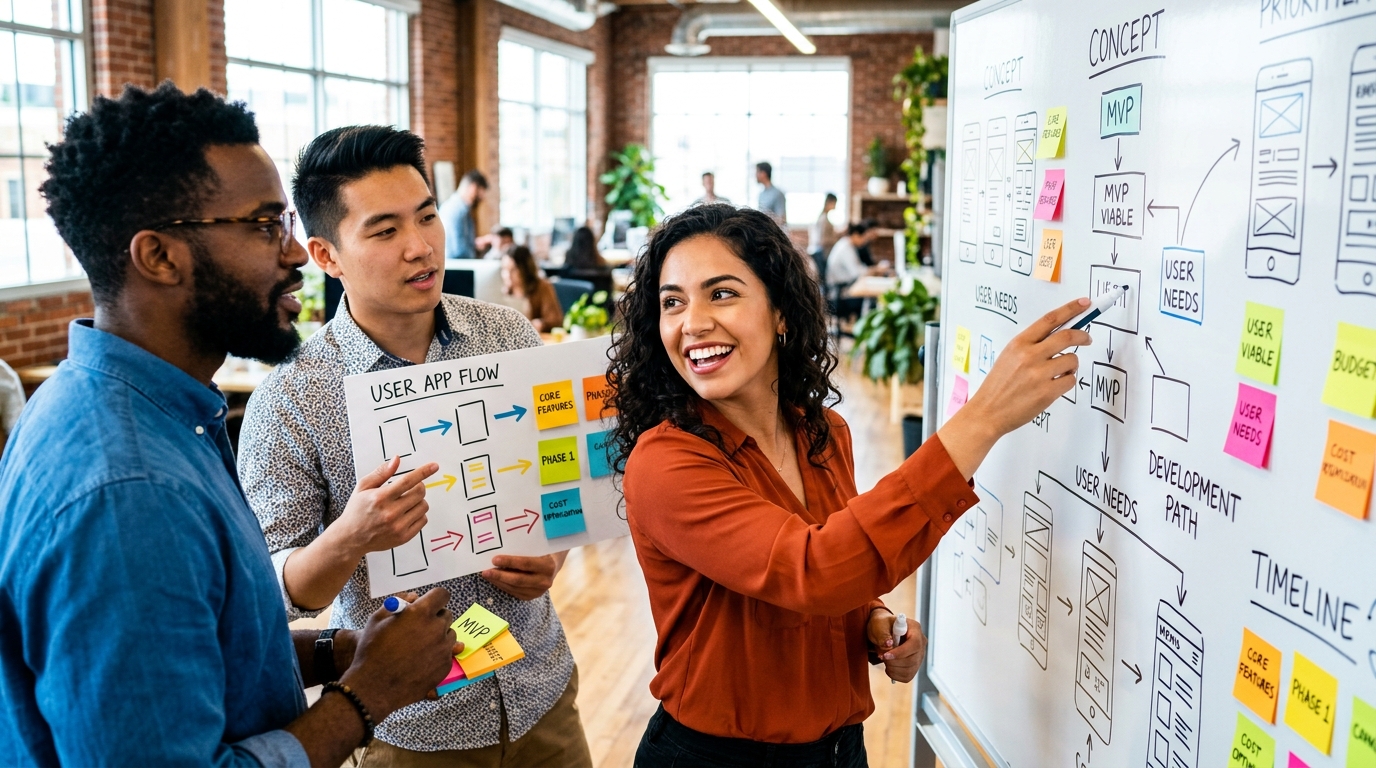 Del Concepto al MVP Viable: Cómo Priorizar Funcionalidades y Optimizar Costes para tu Primera App Un grupo de emprendedores jóvenes colaborando y discutiendo ideas para una aplicación en una pizarra, con gráficos y notas sobre priorización de funcionalidades y presupuesto.