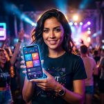Persona usando una app móvil en un concierto o evento de ocio, con luces y multitud al fondo. La app muestra opciones de interacción y gestión.