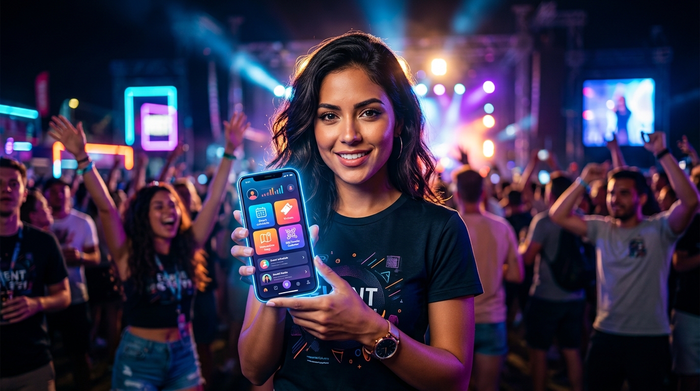 Digitaliza tu Negocio de Ocio y Eventos: La App a Medida que lo Transforma Todo Persona usando una app móvil en un concierto o evento de ocio, con luces y multitud al fondo. La app muestra opciones de interacción y gestión.