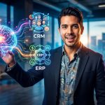 Ilustración de un cerebro digital con iconos de un CRM y un ERP, mostrando la integración de IA en sistemas de gestión empresarial para una PYME.