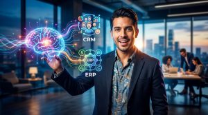 Ilustración de un cerebro digital con iconos de un CRM y un ERP, mostrando la integración de IA en sistemas de gestión empresarial para una PYME.