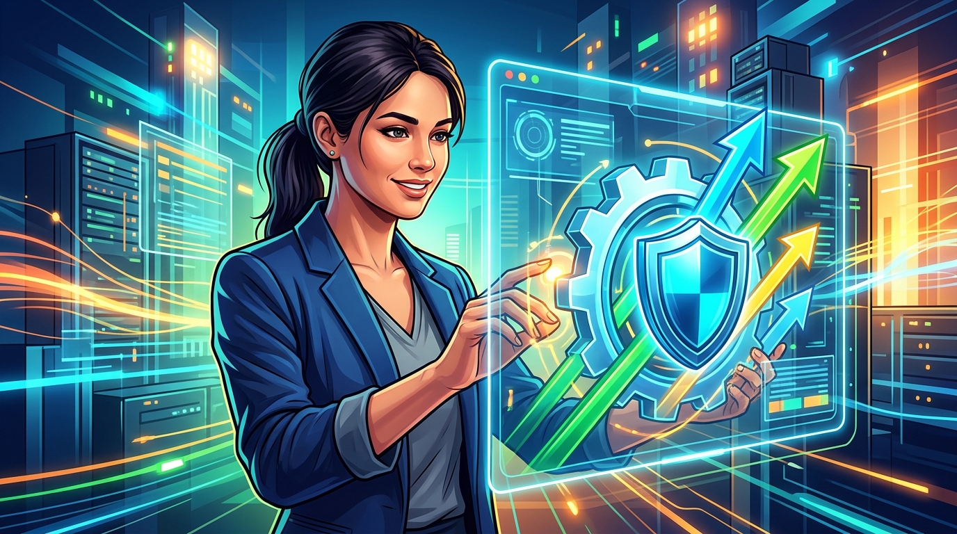 Mantenimiento Proactivo de Apps y Webs: La Estrategia Invisible que Impulsa tu Negocio Ilustración de un engranaje con un escudo de seguridad y flechas de crecimiento, simbolizando el mantenimiento proactivo de apps y webs.