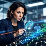 Una lupa analizando datos con iconos de inteligencia artificial flotando alrededor, simbolizando la preparación de datos IA y el análisis para proyectos de IA.