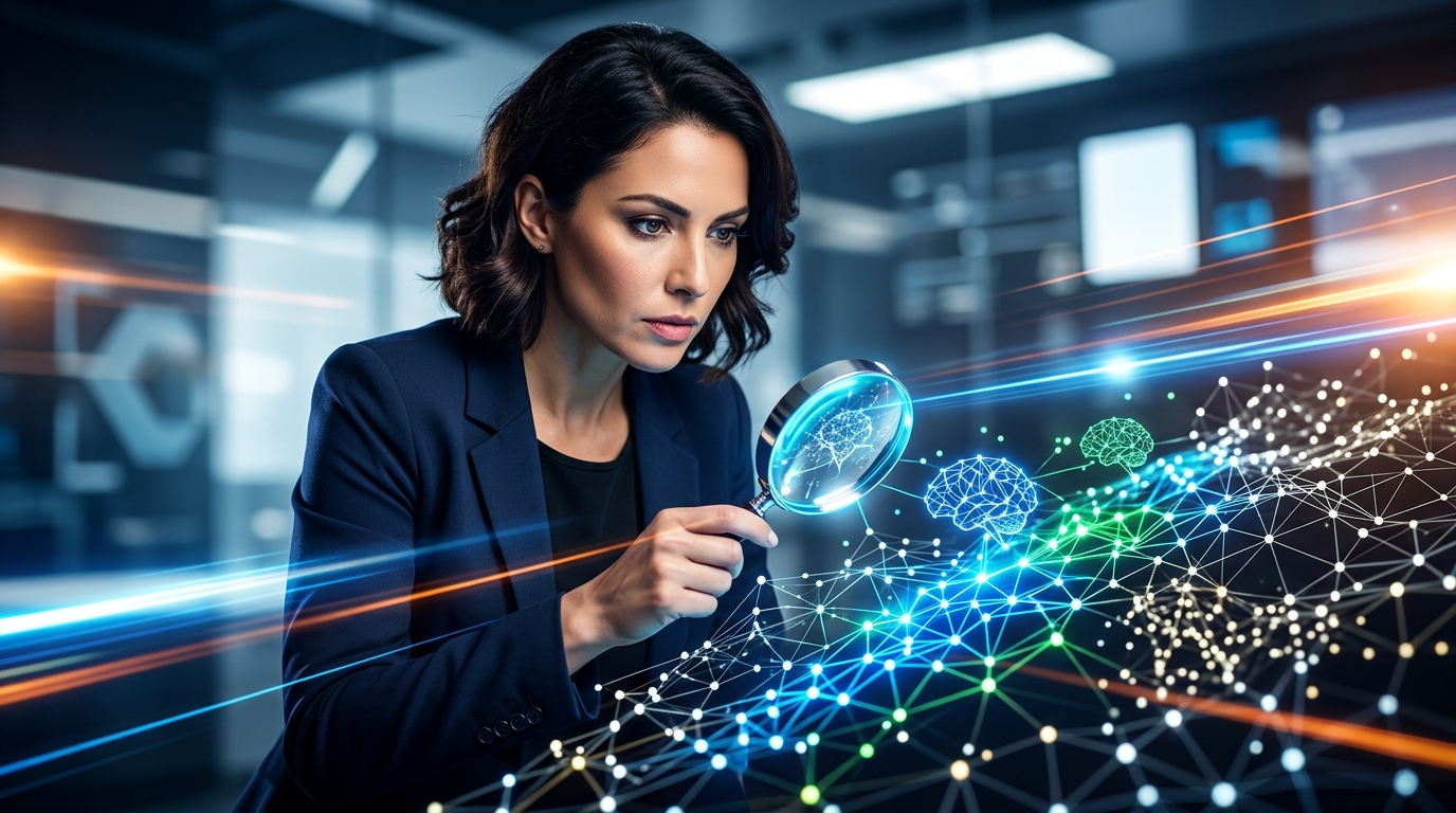Preparación de Datos IA: La Clave para el Éxito de tu Proyecto Una lupa analizando datos con iconos de inteligencia artificial flotando alrededor, simbolizando la preparación de datos IA y el análisis para proyectos de IA.
