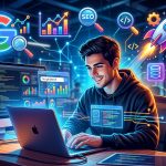 Un desarrollador trabajando en código con iconos de Google y SEO flotando, representando la optimización técnica para buscadores en una startup.