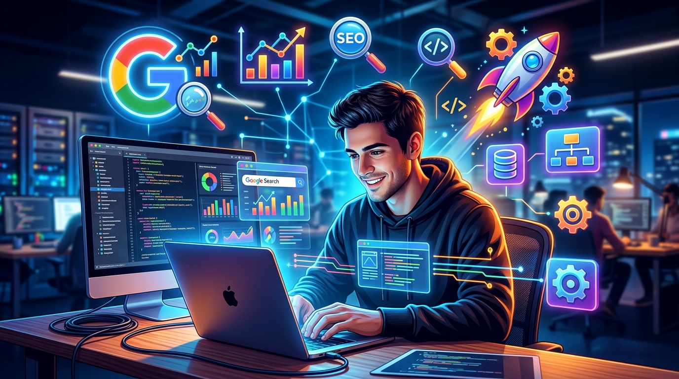 SEO Técnico para Startups: Cómo Construir Productos Digitales que Google Ame Un desarrollador trabajando en código con iconos de Google y SEO flotando, representando la optimización técnica para buscadores en una startup.
