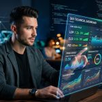Un programador o founder joven revisando métricas de SEO técnico en un dashboard digital, con gráficos de velocidad de carga y rastreo, y elementos de código flotando, en un estilo moderno y dinámico.
