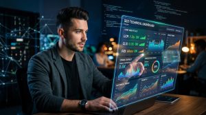 Un programador o founder joven revisando métricas de SEO técnico en un dashboard digital, con gráficos de velocidad de carga y rastreo, y elementos de código flotando, en un estilo moderno y dinámico.