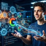 Gráfico de engranajes tecnológicos conectándose con el logo de Google, simbolizando SEO técnico para startups y la interacción del código con los motores de búsqueda.