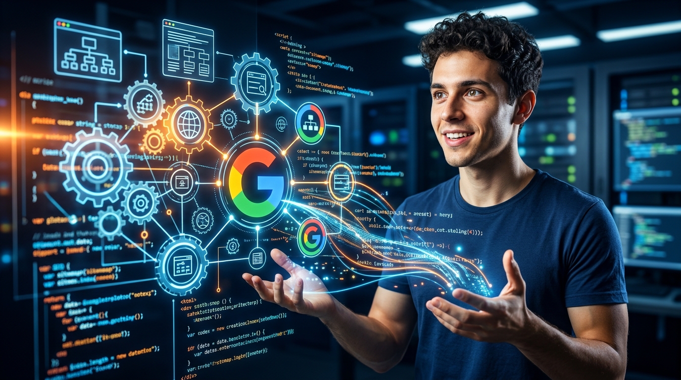 SEO Técnico para Startups: Haz que tu Código Hable con Google Gráfico de engranajes tecnológicos conectándose con el logo de Google, simbolizando SEO técnico para startups y la interacción del código con los motores de búsqueda.