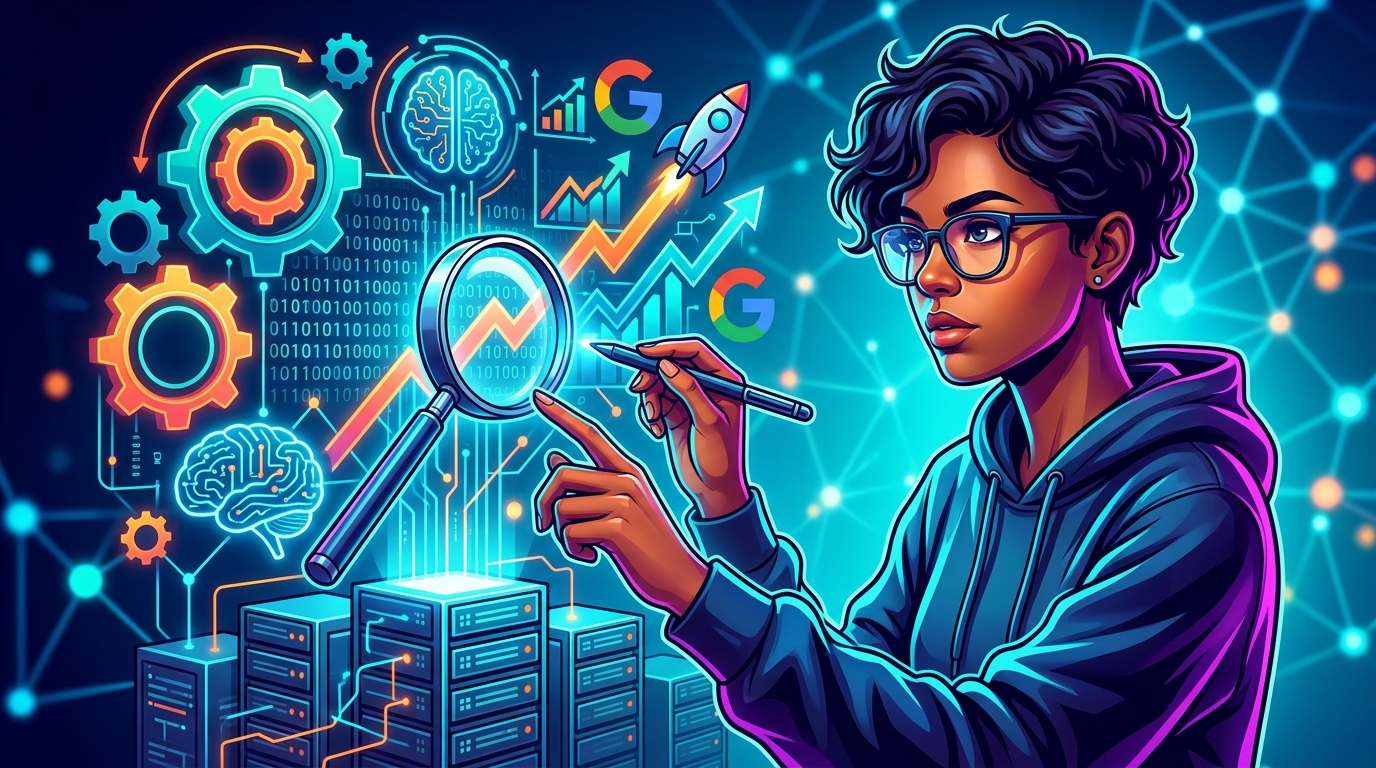 SEO técnico vital startups: Infraestructura digital que Google amará Gráfico de engranajes y un cerebro con iconos de SEO técnico, representando la infraestructura digital y la inteligencia detrás del éxito online para startups y PYMES.