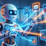 Un robot digital con engranajes conectado a varias herramientas empresariales como CRM, Email y Slack, simbolizando agentes IA que potencian negocio.