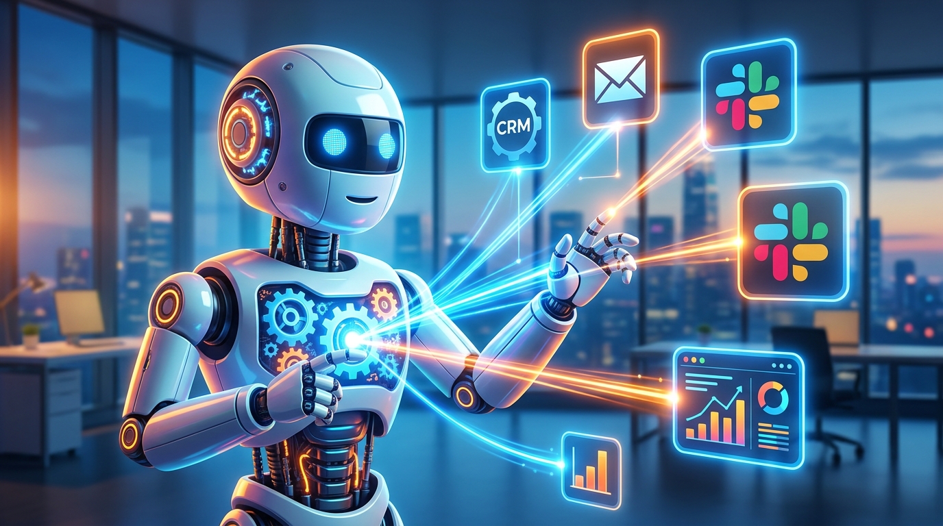 Agentes IA que Potencian tu Negocio: Tu Equipo Invisible de Automatización Un robot digital con engranajes conectado a varias herramientas empresariales como CRM, Email y Slack, simbolizando agentes IA que potencian negocio.
