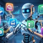 Agentes IA integrando herramientas de negocio: robot conectando CRM, ERP y email