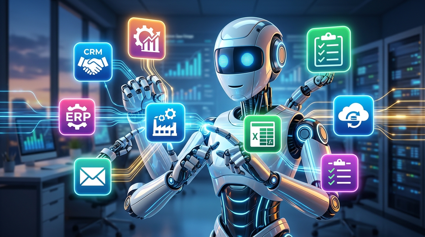 Agentes IA que Trabajan por Ti: Cómo Integrar IA en Herramientas de Negocio para Automatizar Agentes IA integrando herramientas de negocio: robot conectando CRM, ERP y email