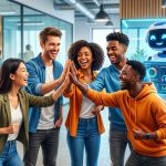 Equipo de startup celebrando la eficiencia con un robot amigable gestionando tareas automatizadas