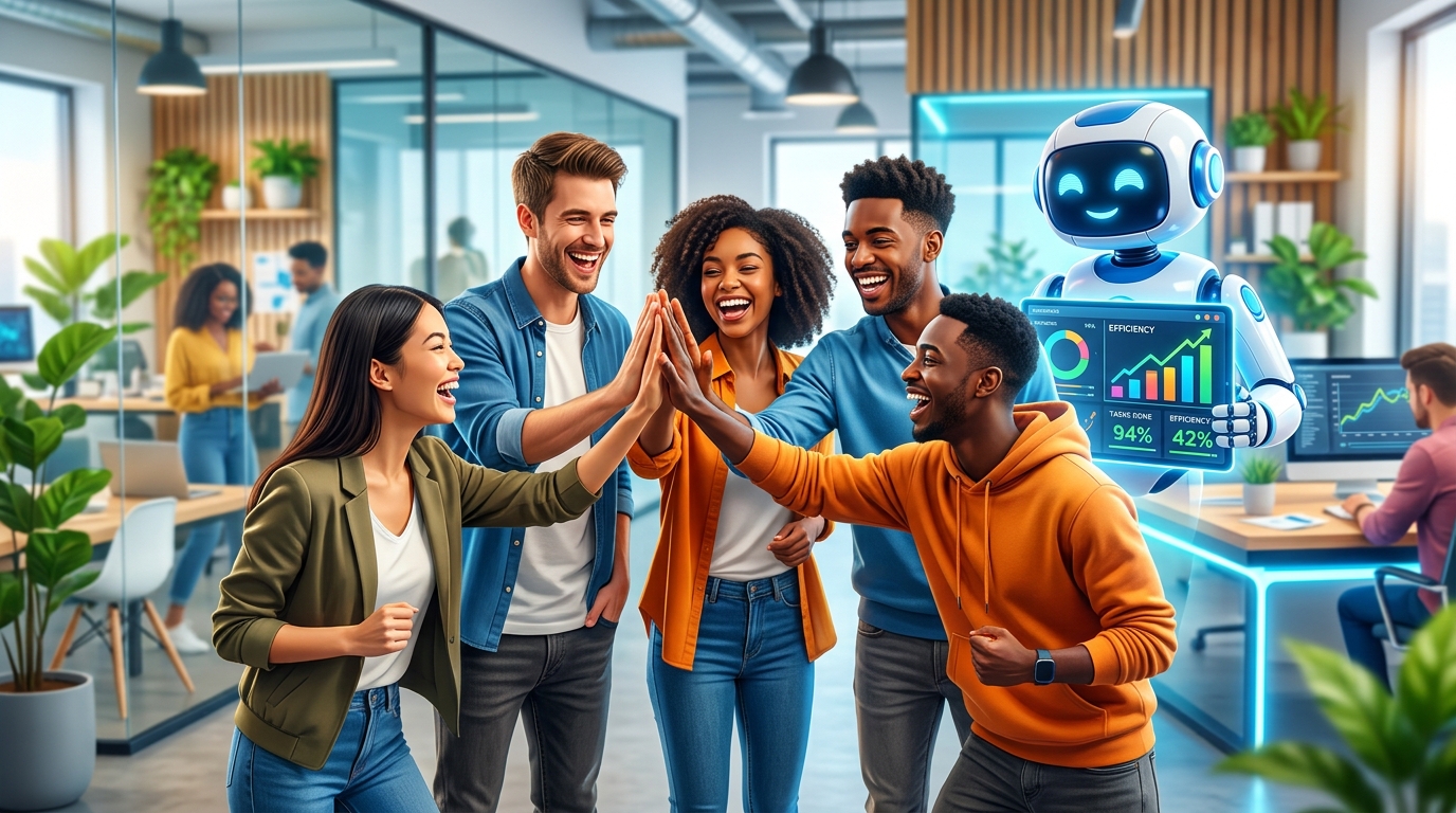 Automatizaciones para PYMES y Startups: Libera tu Equipo Equipo de startup celebrando la eficiencia con un robot amigable gestionando tareas automatizadas