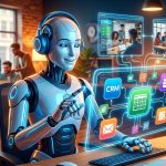Un robot asistente de IA con auriculares interactuando con varias pantallas que muestran iconos de herramientas de negocio como CRM, hojas de cálculo y bases de datos, con una PYME de fondo.