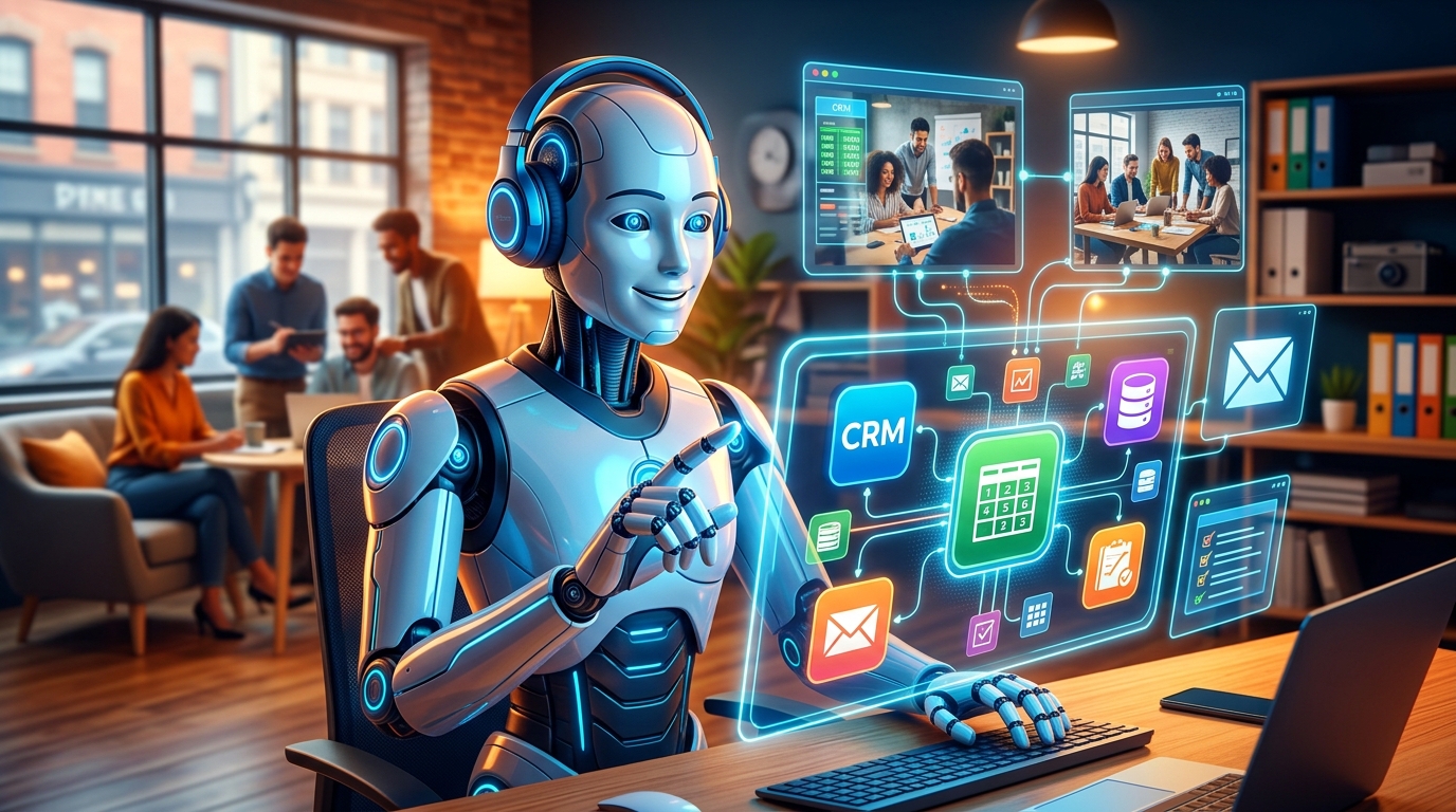 De la Teoría a la Práctica: Agentes IA y tus Herramientas Diarias para PYMES Un robot asistente de IA con auriculares interactuando con varias pantallas que muestran iconos de herramientas de negocio como CRM, hojas de cálculo y bases de datos, con una PYME de fondo.