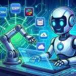 Un robot o asistente digital interactuando con varias aplicaciones de negocio como CRM, ERP y Slack, simbolizando la integración y automatización de agentes IA.