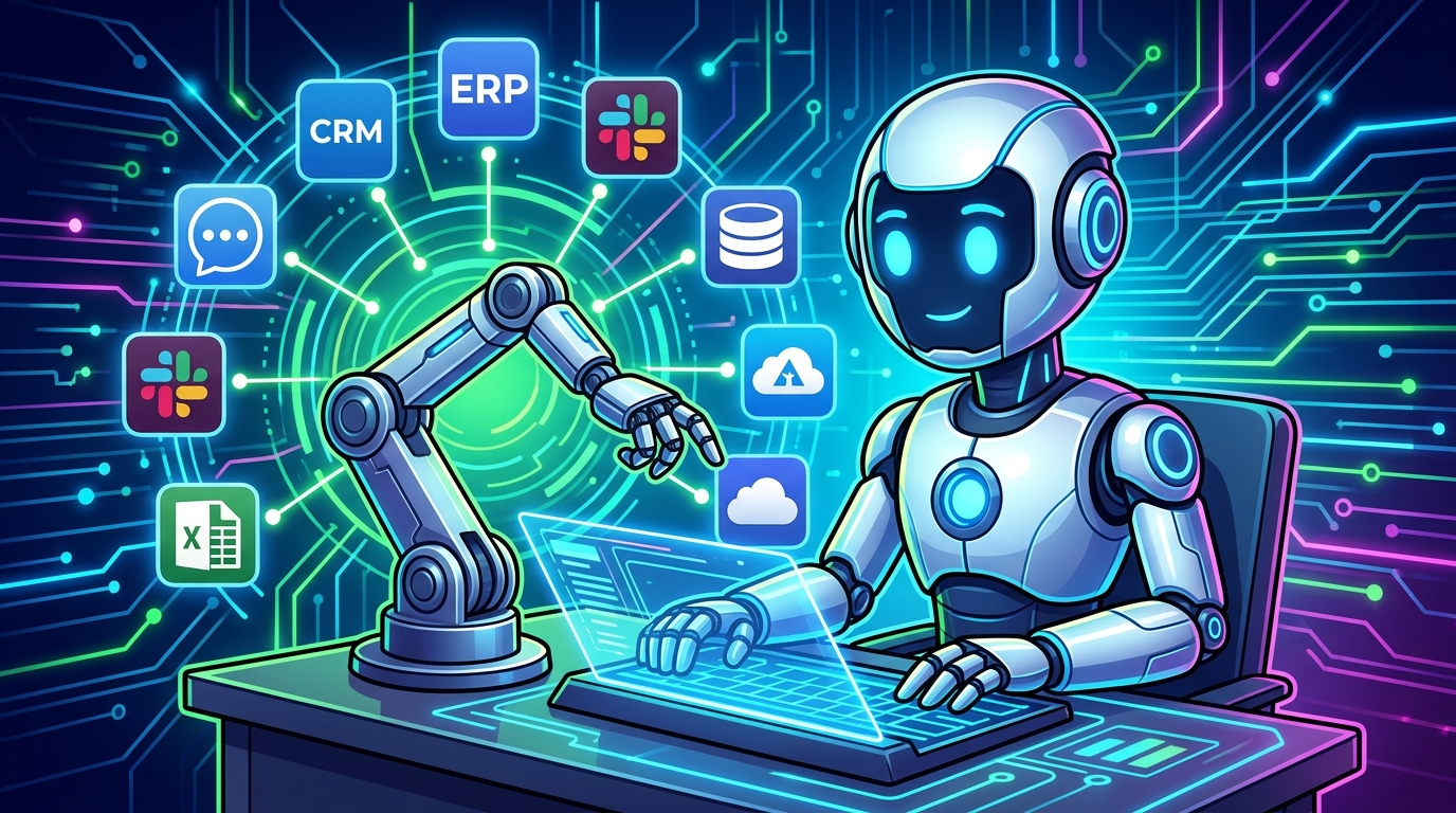 Desarrollo de Agentes IA: Conecta la Inteligencia Artificial a tus Herramientas de Negocio Un robot o asistente digital interactuando con varias aplicaciones de negocio como CRM, ERP y Slack, simbolizando la integración y automatización de agentes IA.