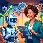 Un robot amigable ayudando a un emprendedor a gestionar datos en una tablet, con gráficos de crecimiento y engranajes de fondo, simbolizando la IA para PYMES estratégica.