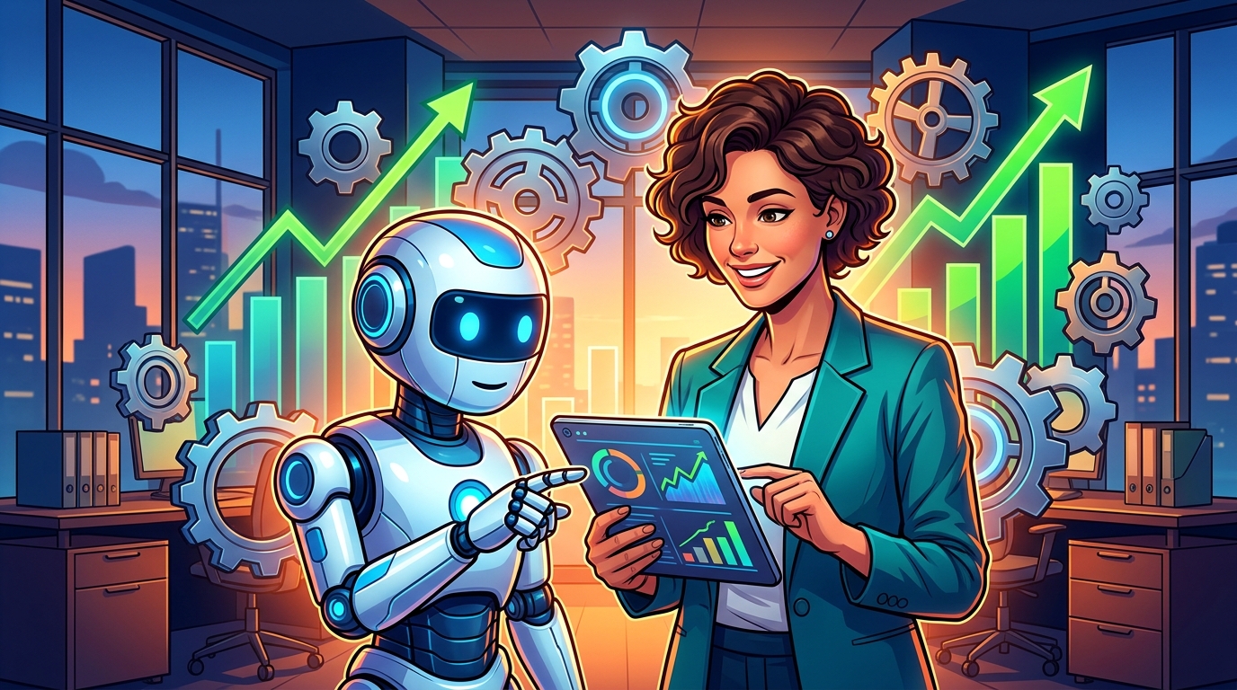 Desbloquea el Poder de la IA: Tu PYME hacia una Automatización Estratégica Un robot amigable ayudando a un emprendedor a gestionar datos en una tablet, con gráficos de crecimiento y engranajes de fondo, simbolizando la IA para PYMES estratégica.