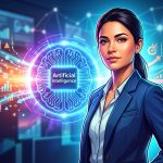 Gráfico abstracto mostrando datos conectados y transformados por inteligencia artificial en flechas que apuntan a decisiones estratégicas y acciones