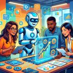 Un robot amigable ayudando a fundadores de startups y gerentes de PYMES a organizar datos y automatizar tareas en una oficina moderna y colorida, ilustrando la IA para PYMES y Startups.