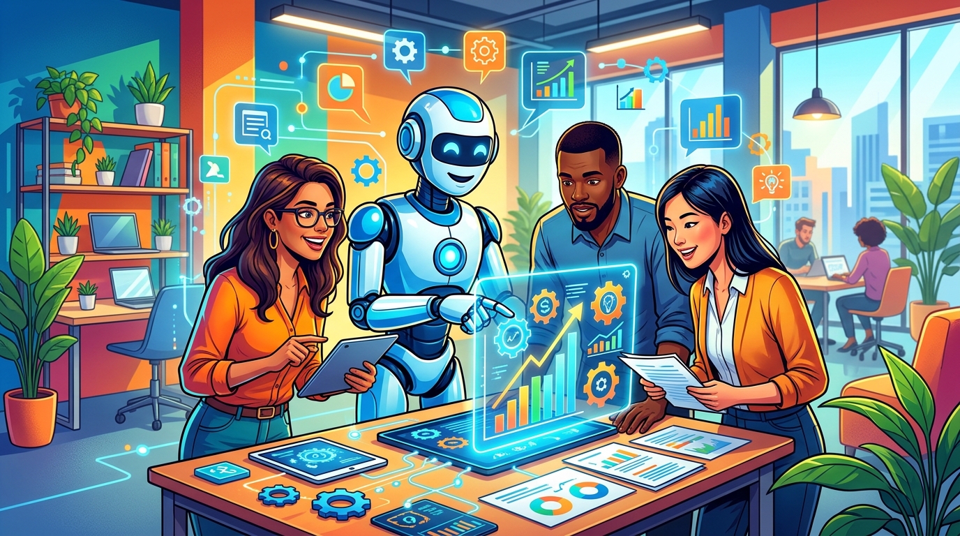 IA para PYMES y Startups: Descubre Oportunidades Reales de Digitalización Un robot amigable ayudando a fundadores de startups y gerentes de PYMES a organizar datos y automatizar tareas en una oficina moderna y colorida, ilustrando la IA para PYMES y Startups.