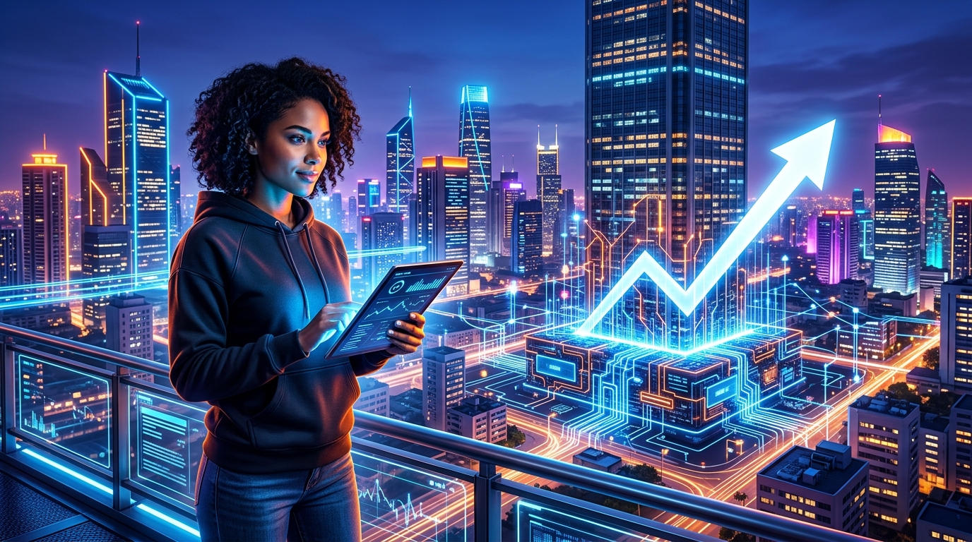 Infraestructura SEO: Construye los Cimientos Digitales para tu Startup Tech Un skyline digital abstracto con rascacielos que representan sitios web y aplicaciones, y una flecha ascendente simbolizando el crecimiento gracias a una sólida infraestructura SEO