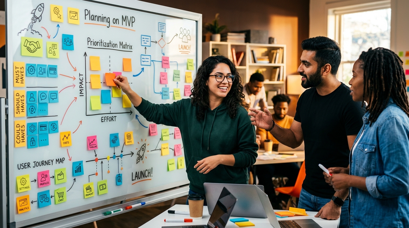MVP Estratégico: Lanza tu App con Éxito y Menos Coste Priorizando lo Esencial Equipo de desarrollo planificando un MVP Estratégico en una pizarra, con gráficos de priorización y usuarios, simbolizando la optimización de costes y el éxito del lanzamiento.