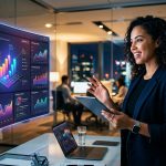 Representación visual de un panel de administración moderno con elementos de inteligencia artificial, gráficos y datos interconectados. Colores vibrantes y un diseño limpio.