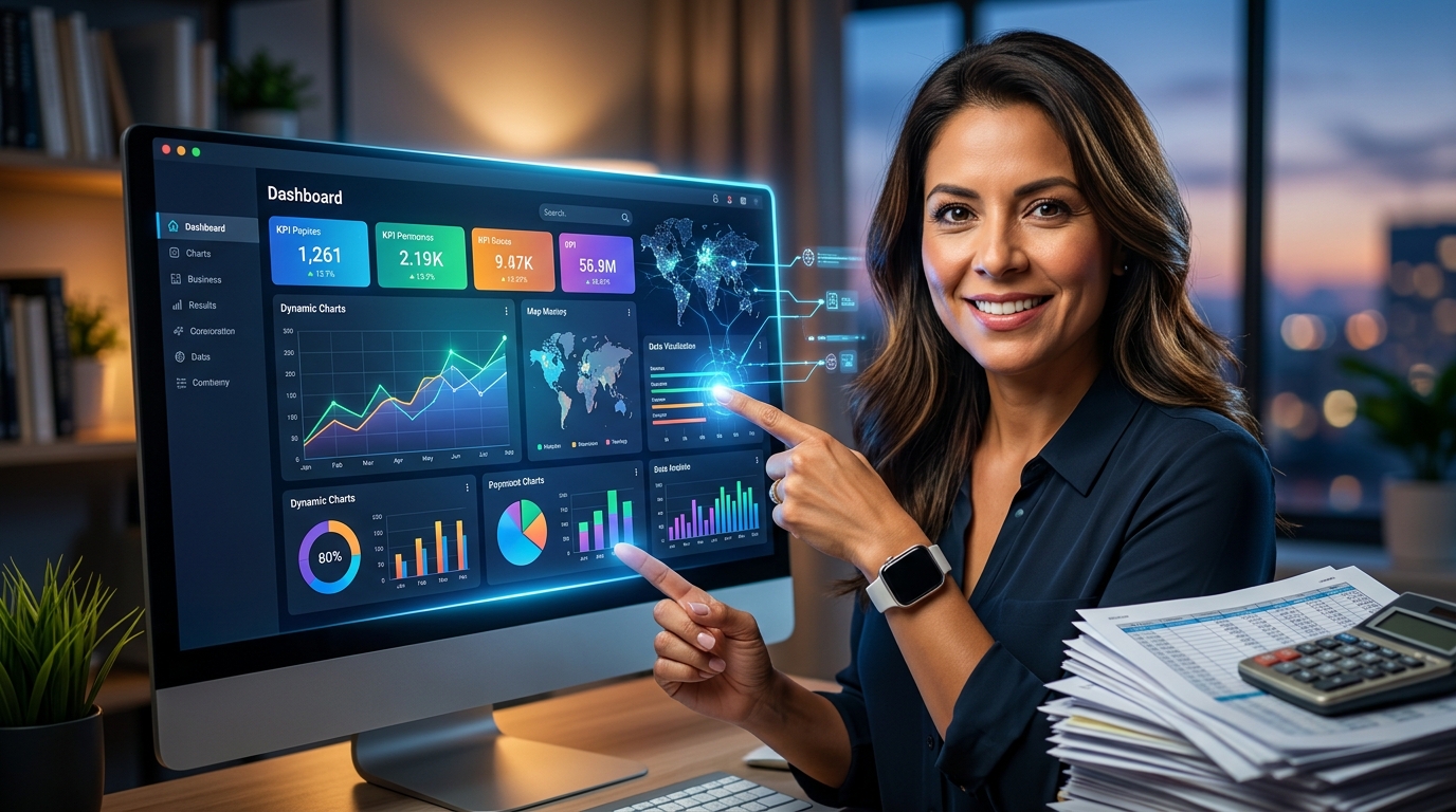 Paneles de Administración Inteligentes: De Excel al Control Total con IA para tu PYME Gráfico visual de un panel de administración moderno con elementos de inteligencia artificial y datos unificados, ilustrando el control total de una PYME